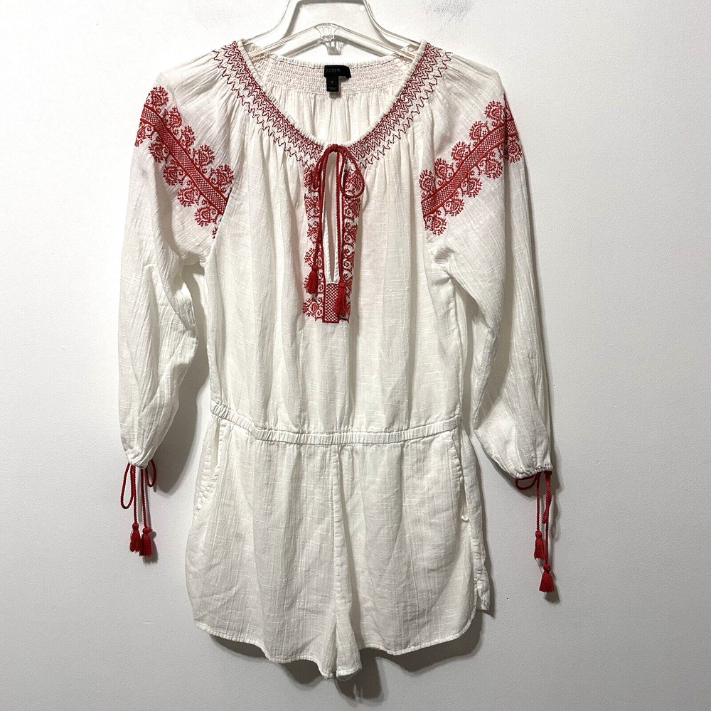 J Crew Romper S‎ White Embroidered Cotton Red Tassel Summer Casual Festival